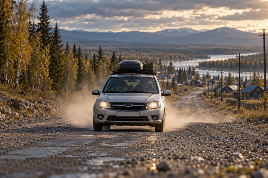 Silver Lada Granta driving on a dusty gravel road through a Siberian landscape with mountains and a river