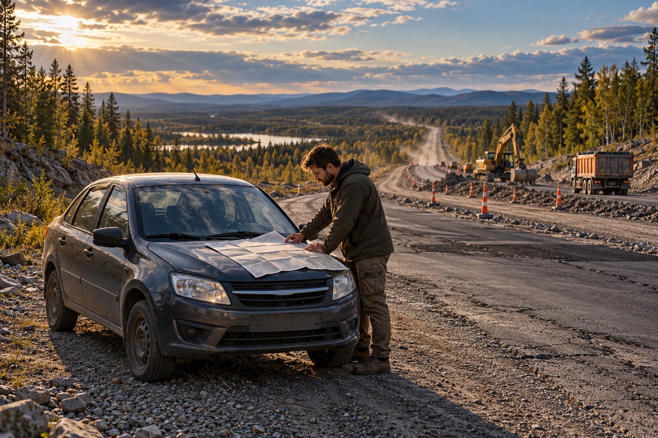 A man looking at a paper map on the hood of his Lada Granta parked by a scenic highway under construction during sunset