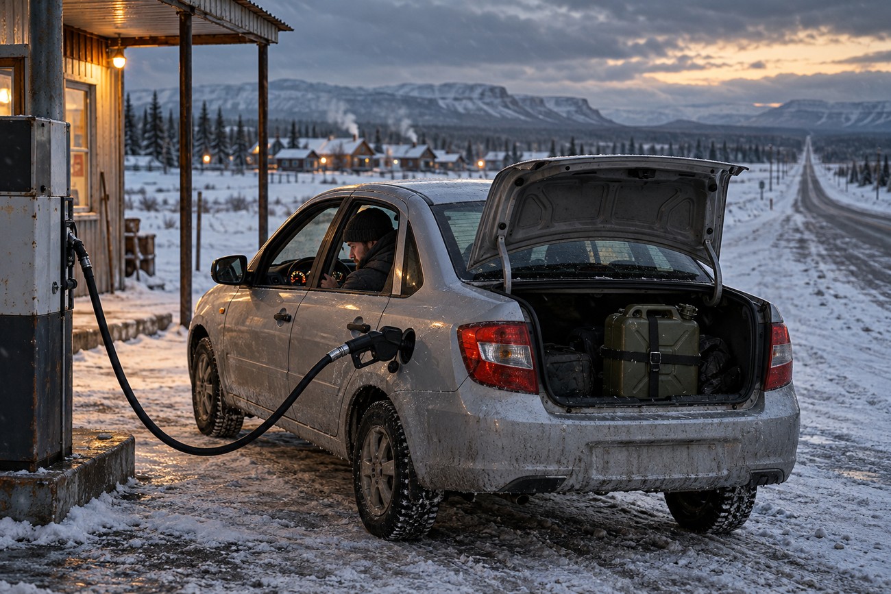 Driver refueling a silver Lada Granta at a remote snow-covered gas station with its trunk open on the Trans-Siberian highway