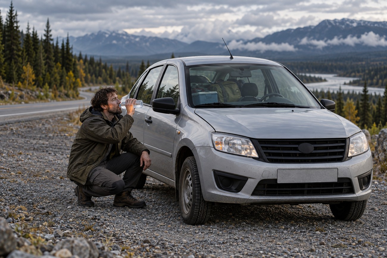 A traveler in outdoor clothing squats beside a silver Lada Granta parked on a gravel roadside to drink water with mountains and a river in the background