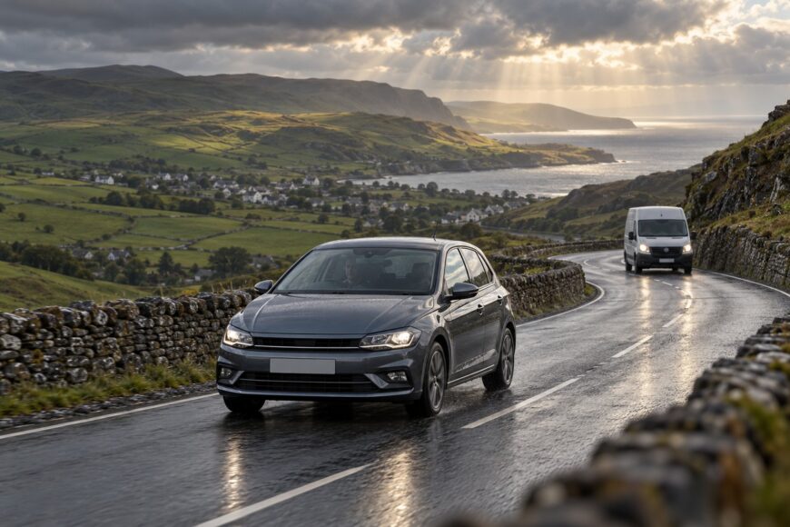 Grey Volkswagen Polo driving on a wet winding coastal road with green hills and sea view