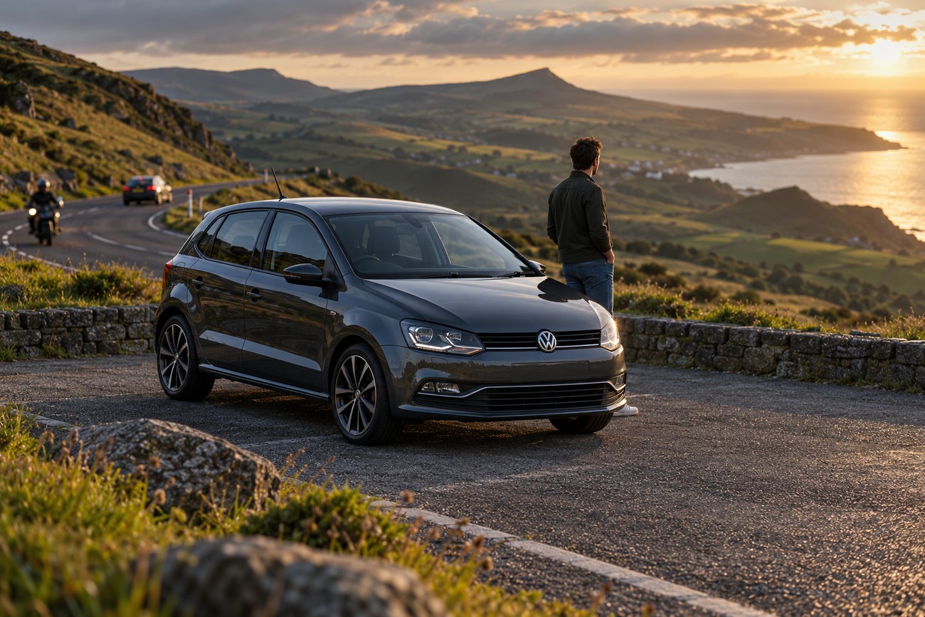 Dark grey Volkswagen Polo parked by a scenic coastal road overlooking hills and the sea at sunset