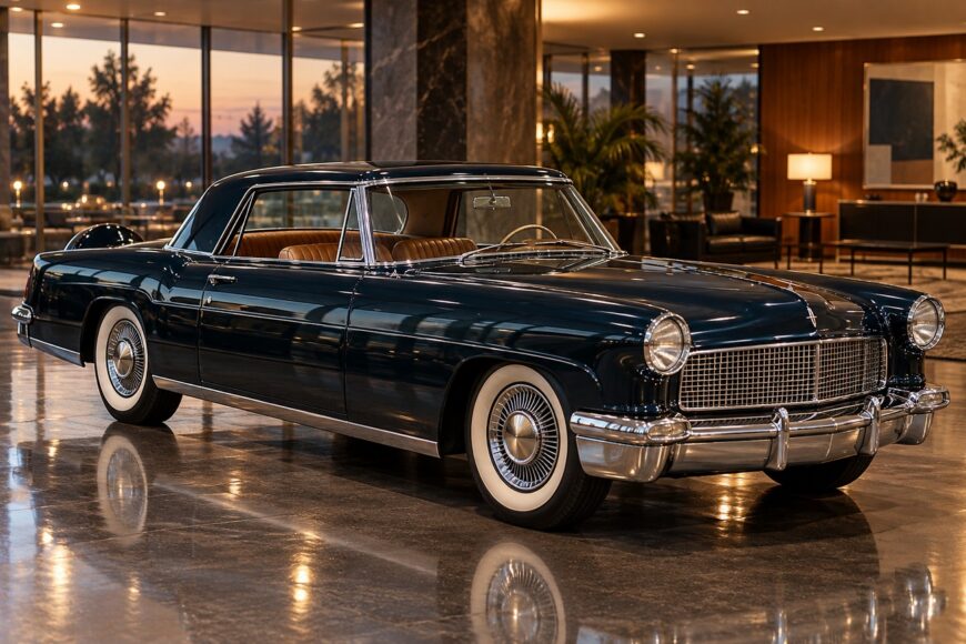 A classic dark blue Lincoln Continental Mark II with whitewall tires parked on a polished reflective floor inside a luxury showroom