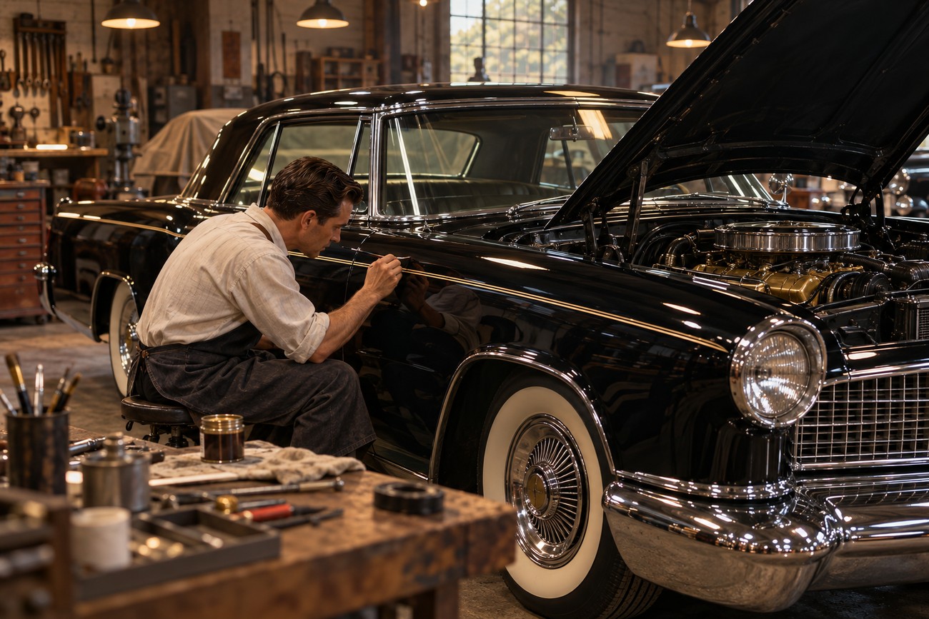 A mechanic meticulously pinstripes the side of a classic black Lincoln Continental Mark II inside a vintage garage