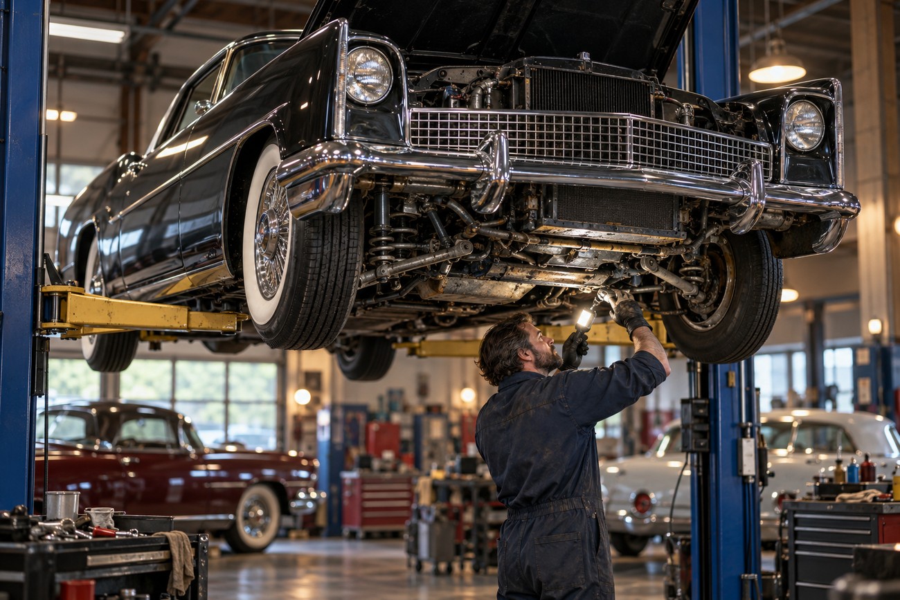 A mechanic in coveralls inspects the undercarriage of a classic black Lincoln Continental Mark II raised on a hydraulic lift in a repair shop