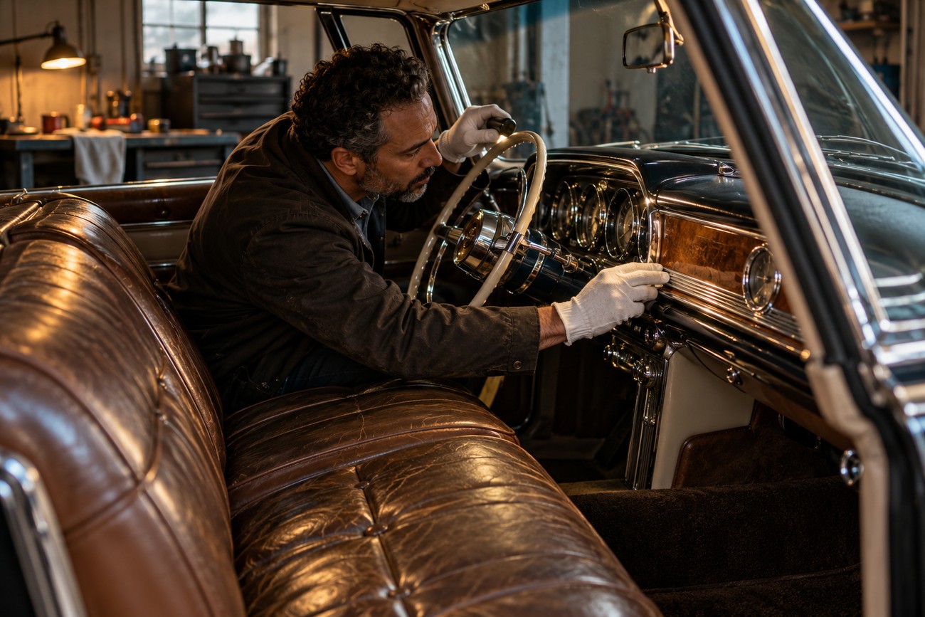 Restorer in white gloves examining the dashboard and leather interior of a classic Lincoln Continental Mark II