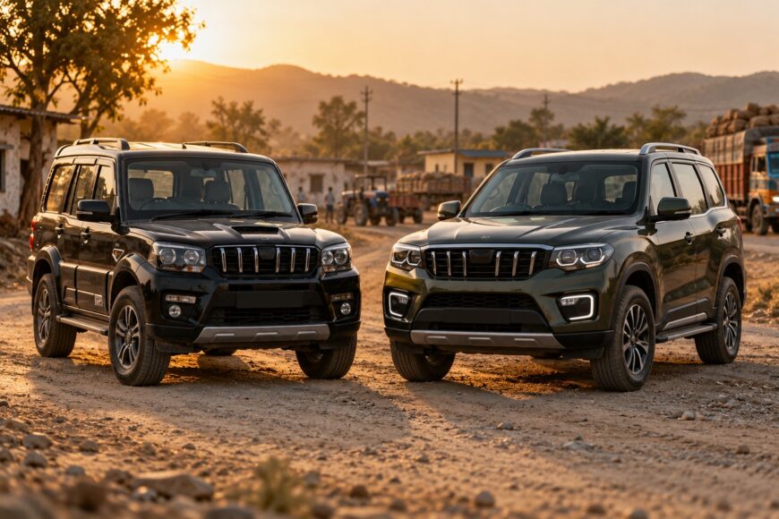 Two modern Mahindra Scorpio SUVs parked on a dusty rural road at sunset with hills in the background