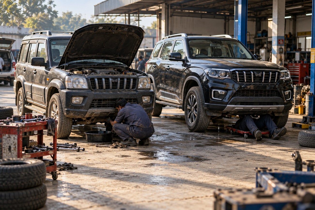 Two mechanics working on black Mahindra Scorpio SUVs inside an open-bay repair garage