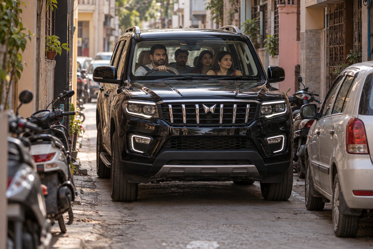 A black Mahindra Scorpio SUV with passengers driving slowly along a narrow residential street in India