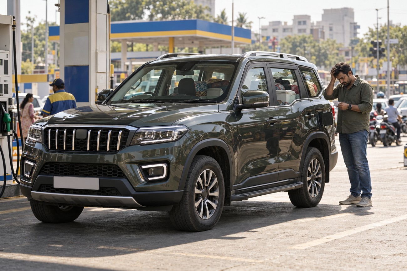 A dark green Mahindra Scorpio SUV parked at a gas station while a man checks a receipt