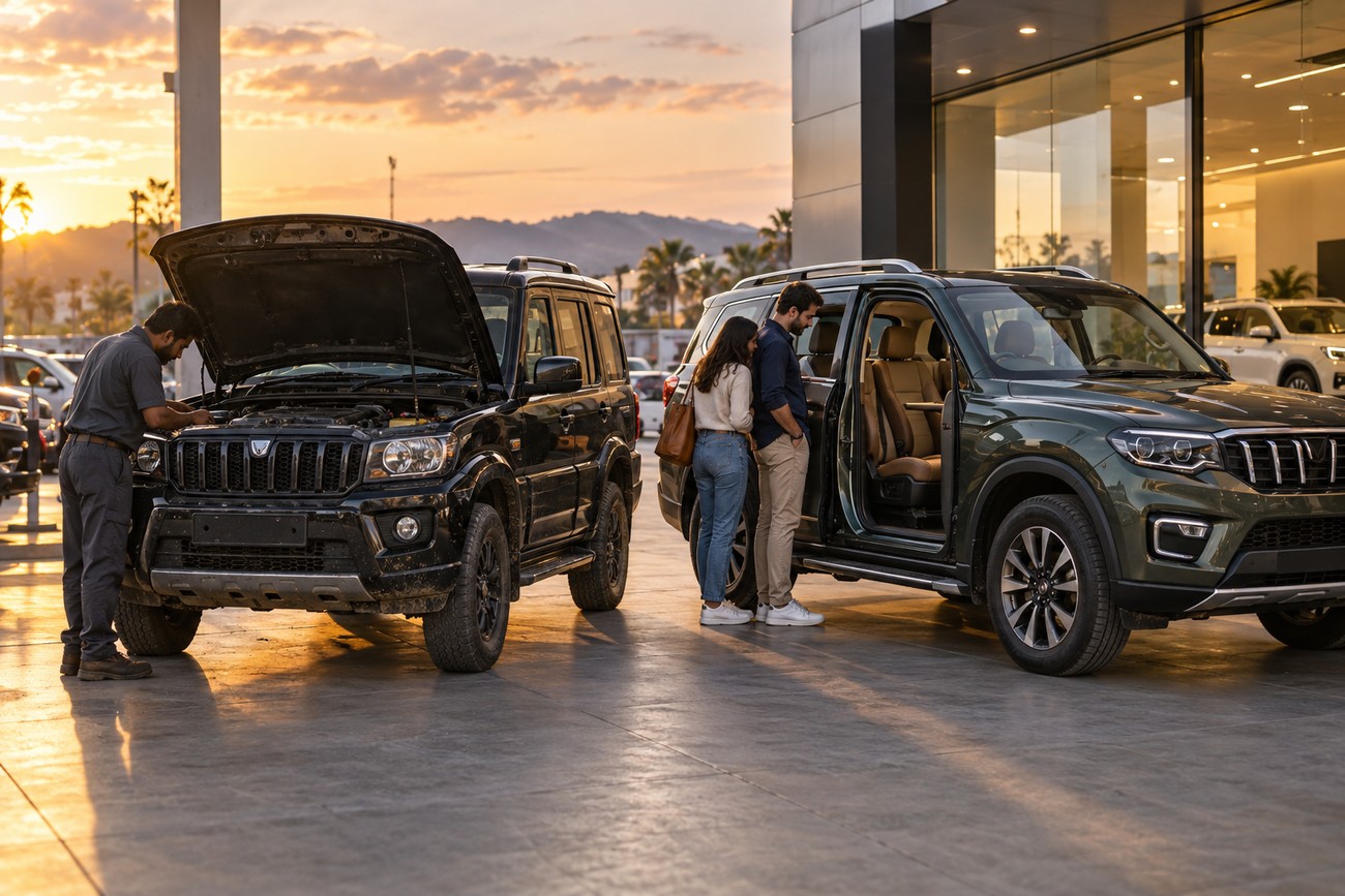 Mechanic inspecting the engine of a black Mahindra Scorpio while a couple looks inside a green SUV at a dealership during sunset