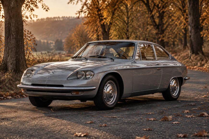 Classic silver Panhard 24 CT coupe parked on a paved road surrounded by autumn trees at sunset