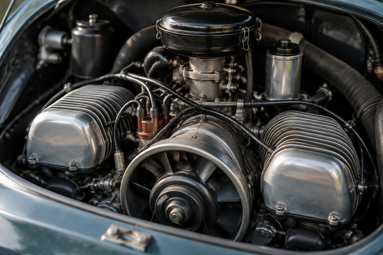 Detailed view of the twin-cylinder boxer engine compartment in a classic Panhard 24 CT