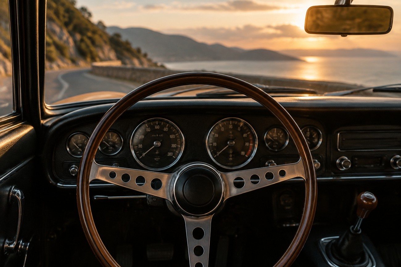 Driver perspective of the classic Panhard 24 CT interior with a wooden steering wheel overlooking a coastal road at sunset