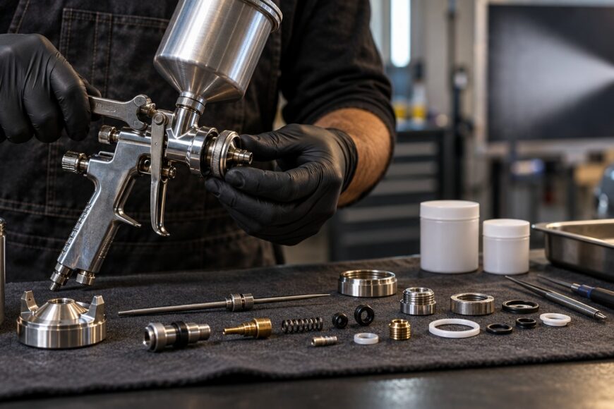 A gloved technician assembling a chrome paint spray gun next to service kit parts on a workbench