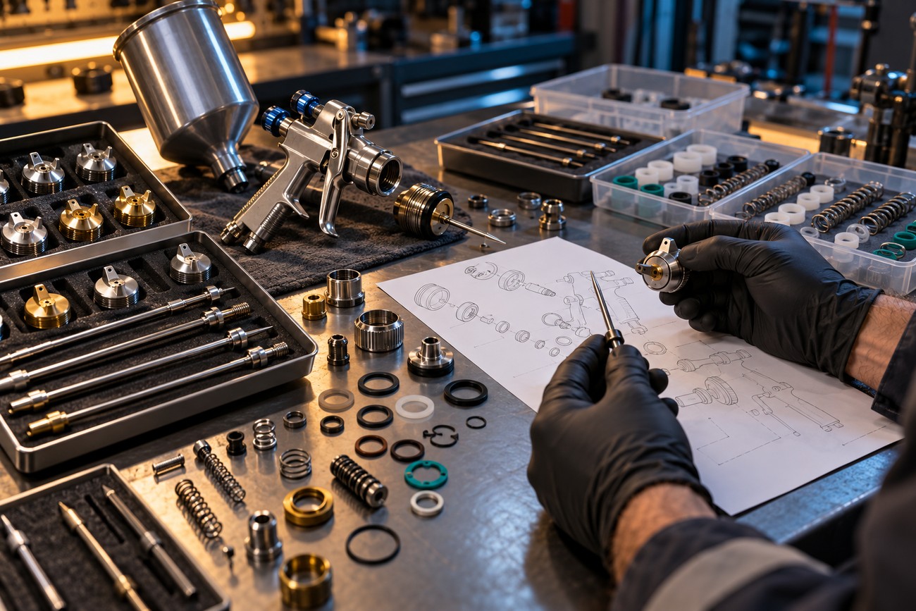 Mechanic in black gloves assembling spray gun parts next to service kit components and a diagram