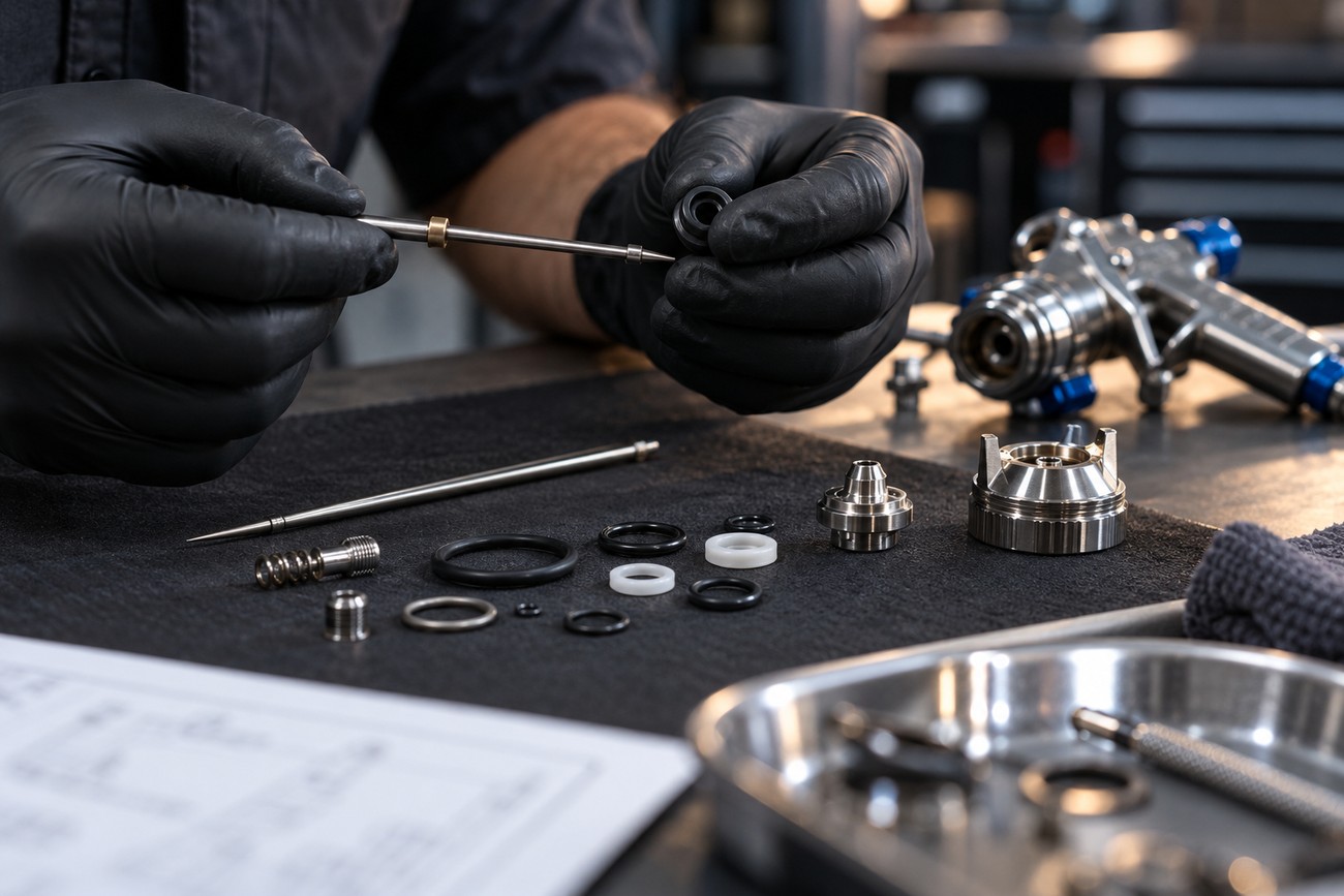 A technician in black gloves holding a spray gun needle and a seal from a service kit during maintenance