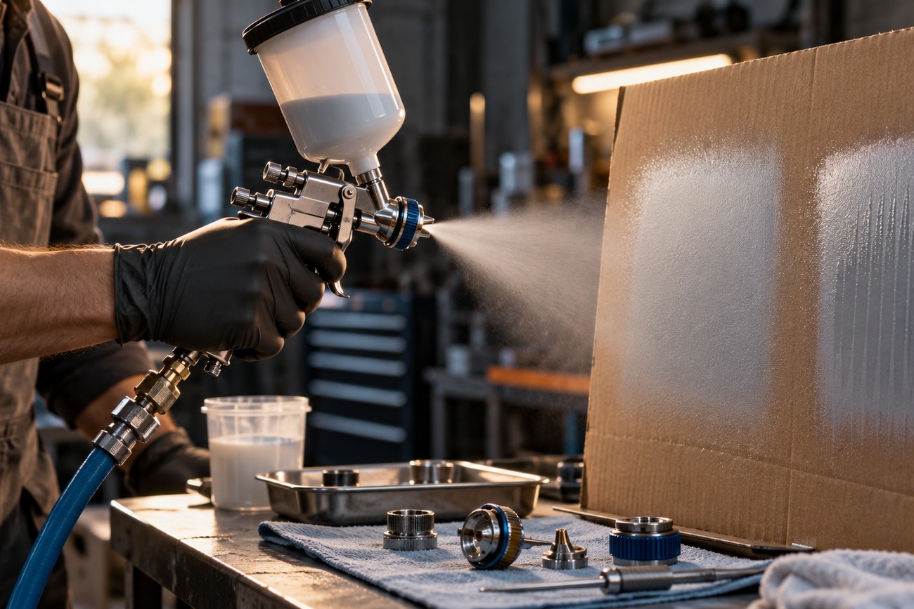 A technician wearing gloves tests a rebuilt spray gun by spraying test patterns on cardboard in a workshop