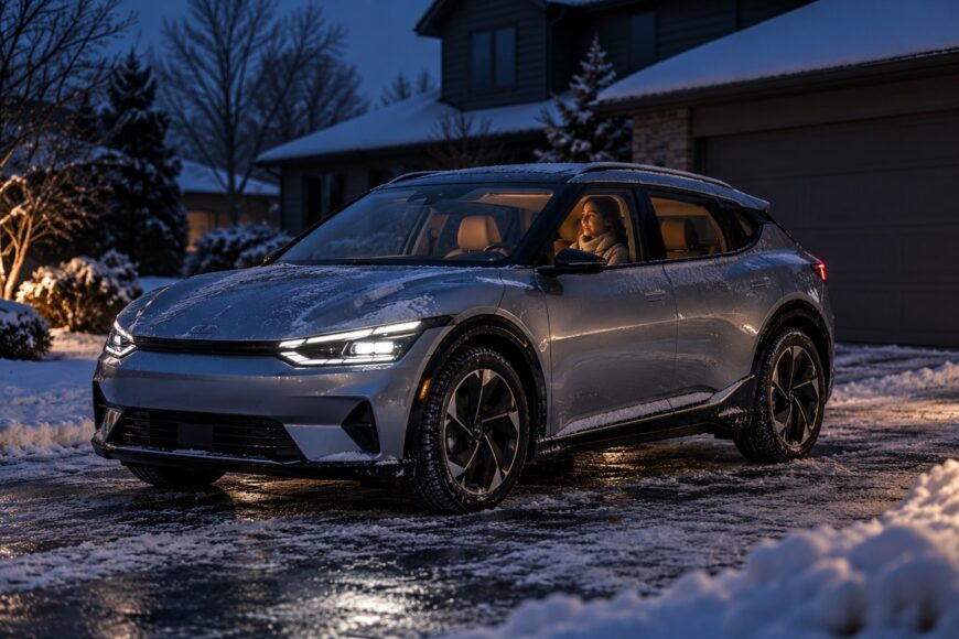 A woman sitting inside a warm illuminated Kia EV6 electric crossover parked on a snowy driveway at night