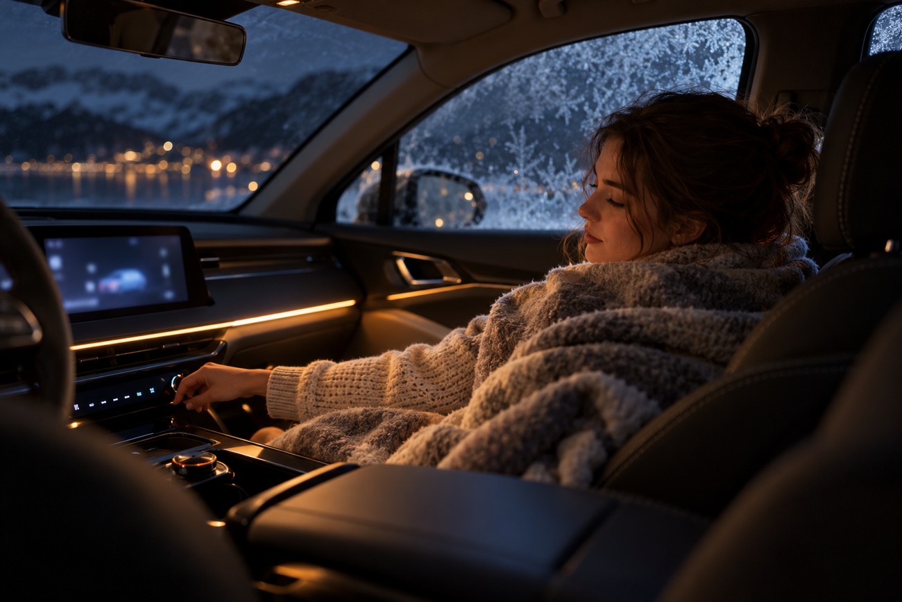 A woman sitting in a warm Kia EV6 interior wrapped in a blanket and adjusting climate controls with frosted windows outside
