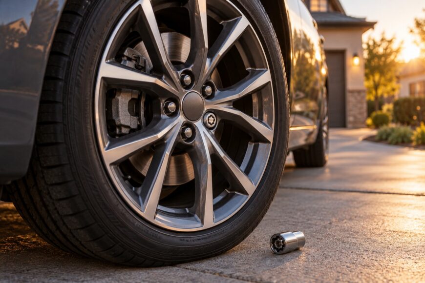 Close-up of a car alloy wheel with a locking lug nut installed and its key socket on the driveway