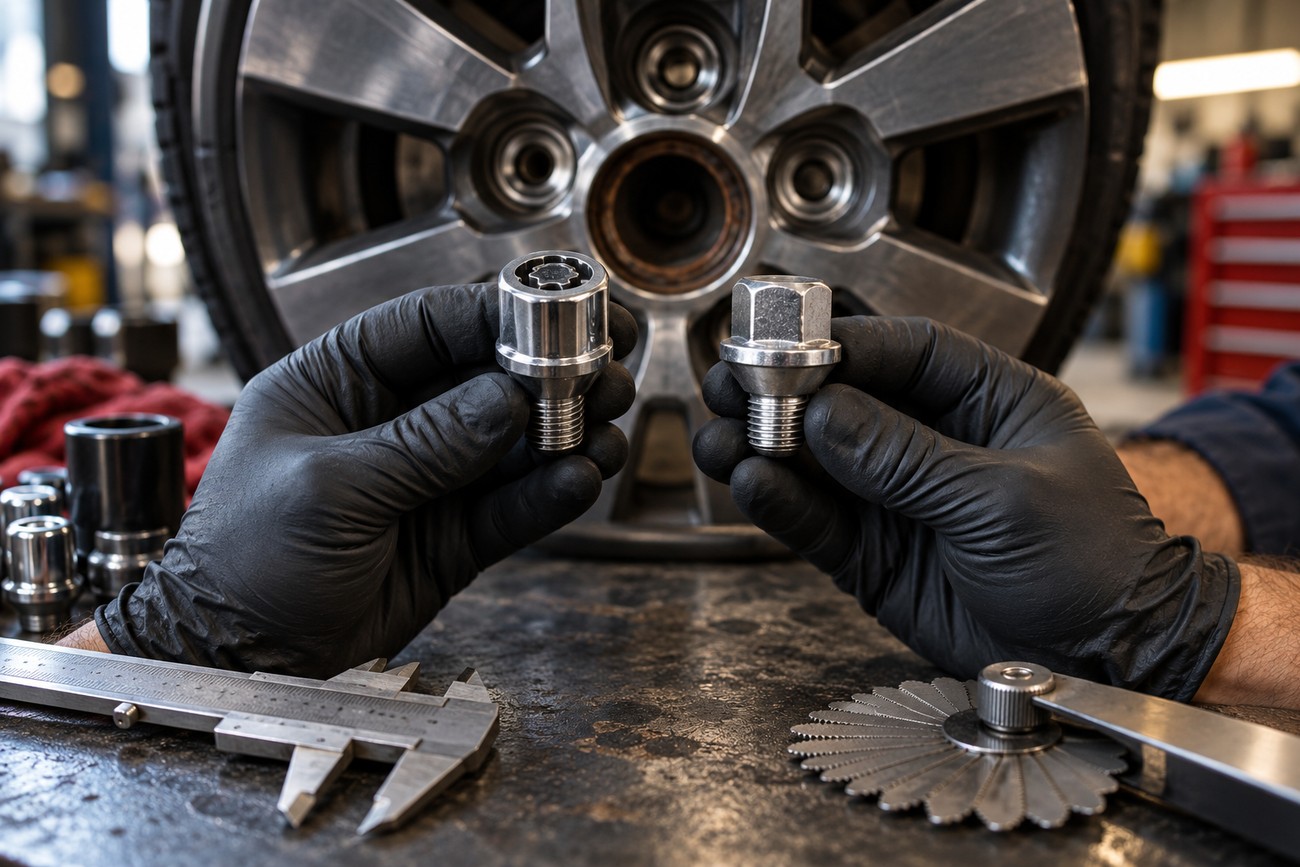 Mechanic in black gloves holding a wheel lock and a standard lug nut with tools on a workbench