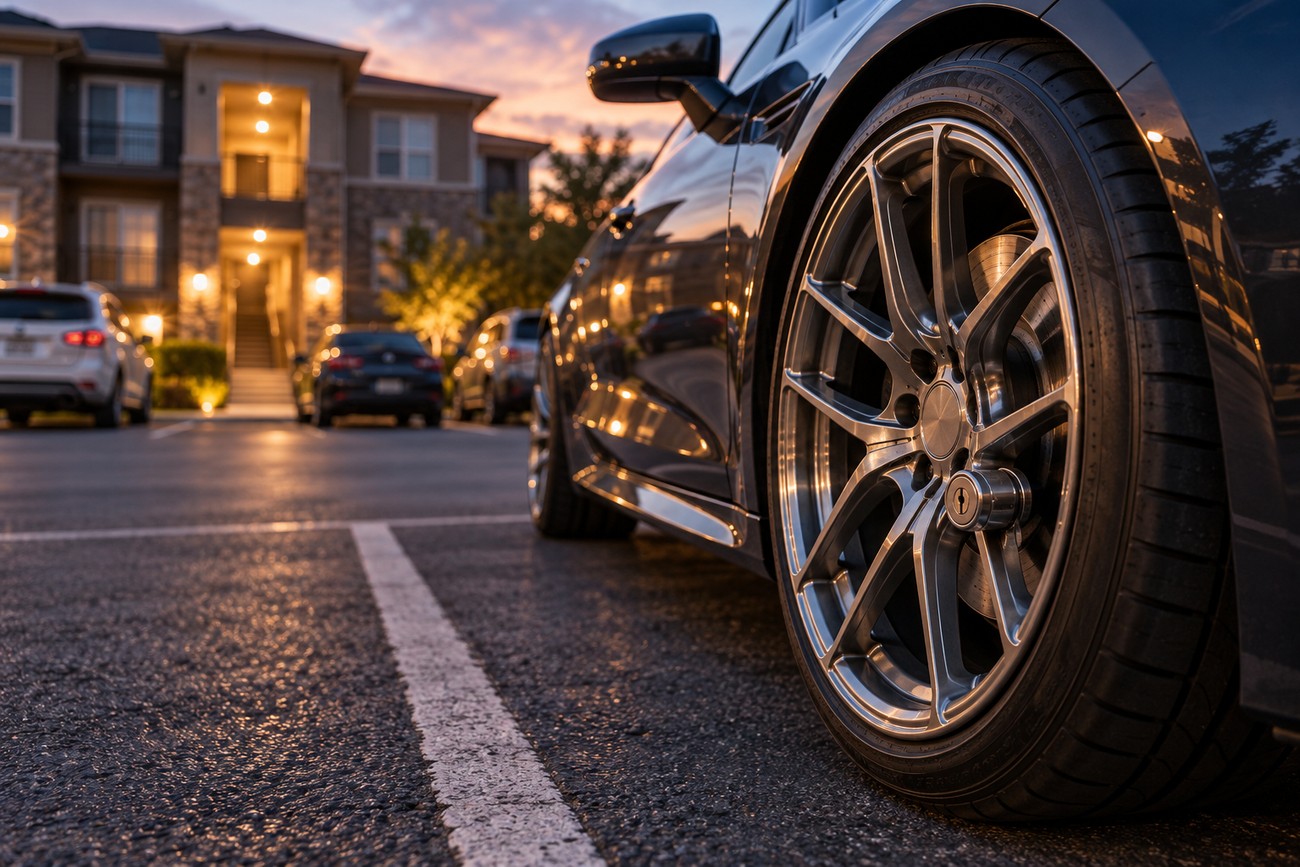 Close-up of a car alloy wheel with an installed wheel lock parked in an apartment complex parking lot at sunset