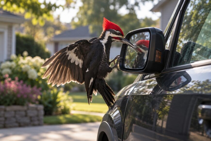 A pileated woodpecker perched on the body of a dark Kia Soul attacking its reflection in the side mirror