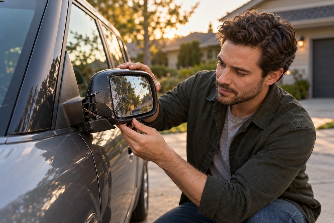 A man kneels beside a grey Kia Soul and inspects the cracked glass of its damaged side mirror