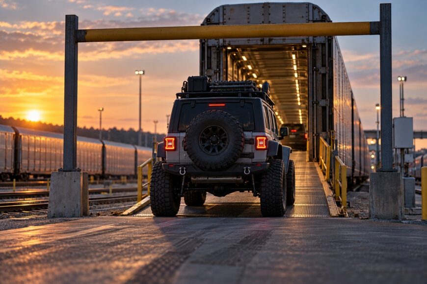 A lifted Jeep Wrangler with off-road tires preparing to load onto an Amtrak Auto Train carrier car at sunset