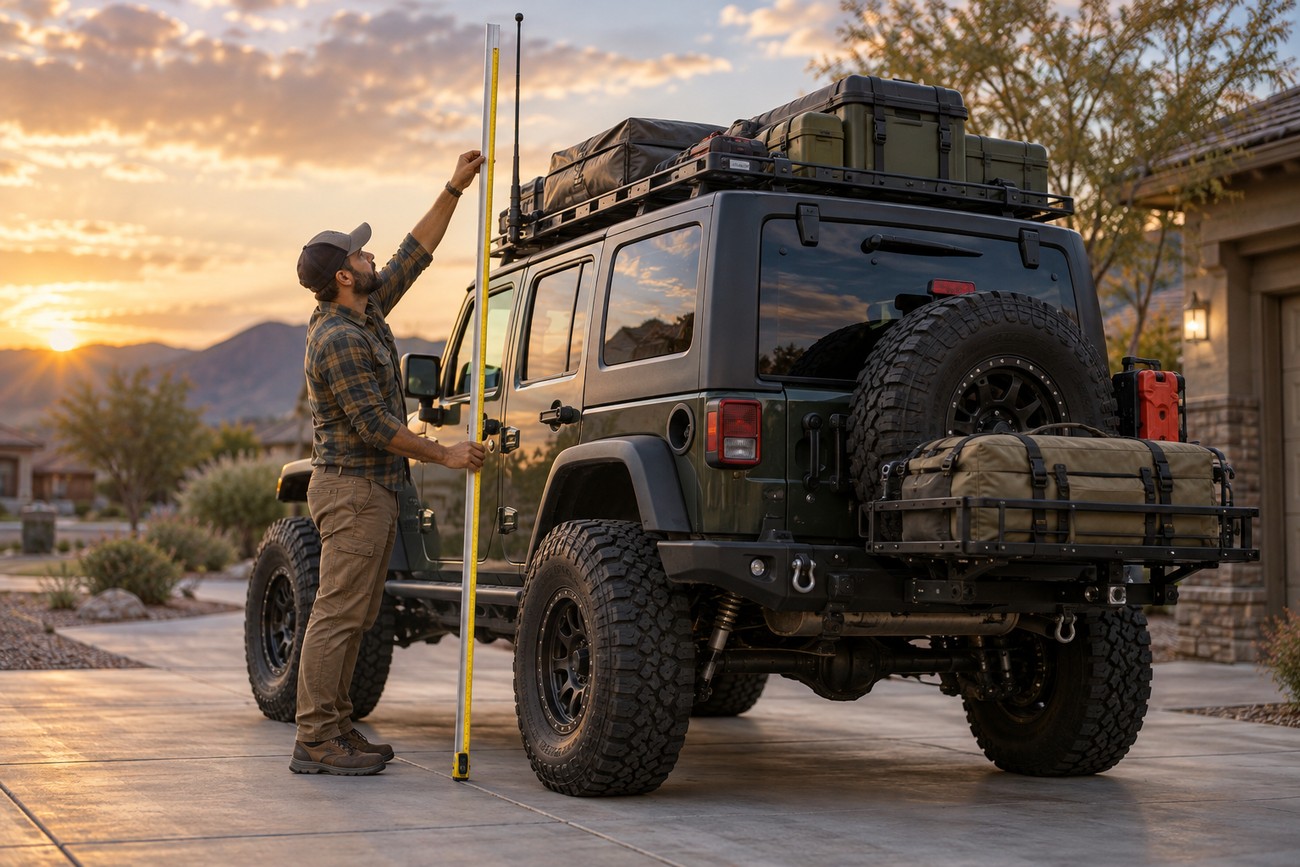 A man measuring the total height of a lifted dark green Jeep Wrangler with roof cargo parked in a driveway at sunset
