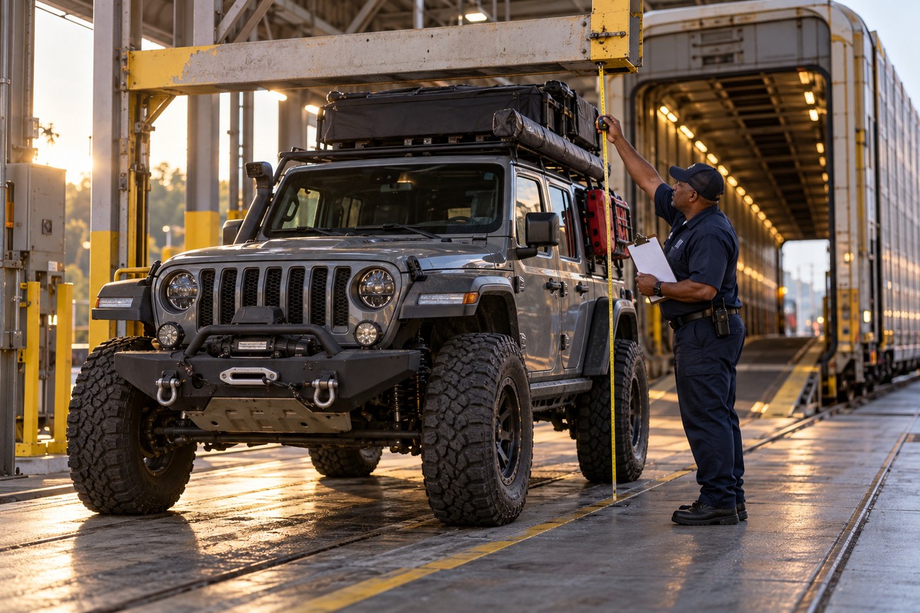 An Amtrak worker measures the height of a modified gray Jeep Wrangler with a rooftop tent parked near an Auto Train car