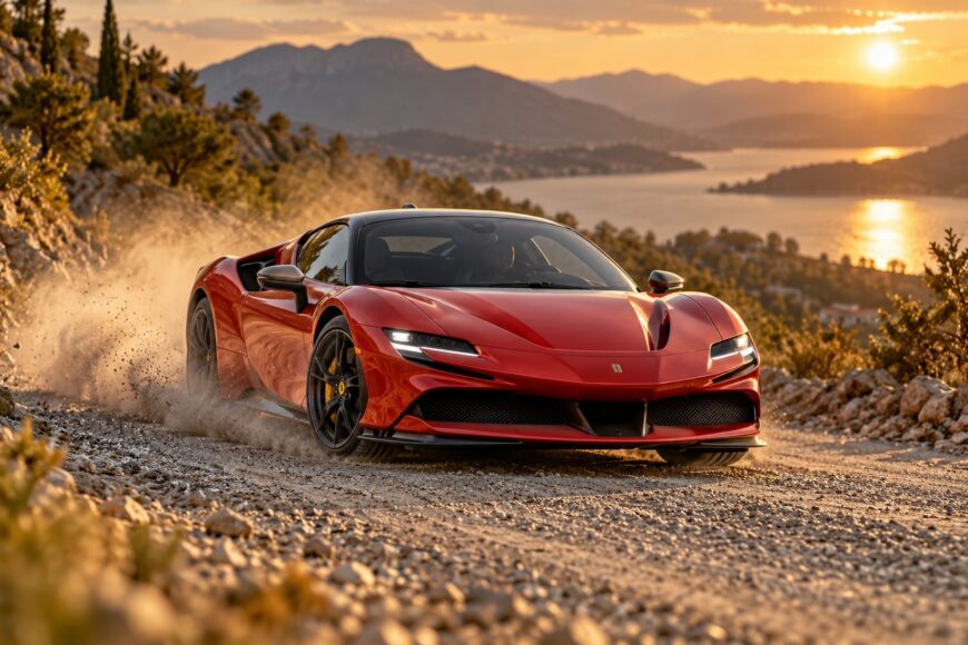 Red Ferrari SF90 Stradale kicking up dust while driving on a gravel rally track at sunset