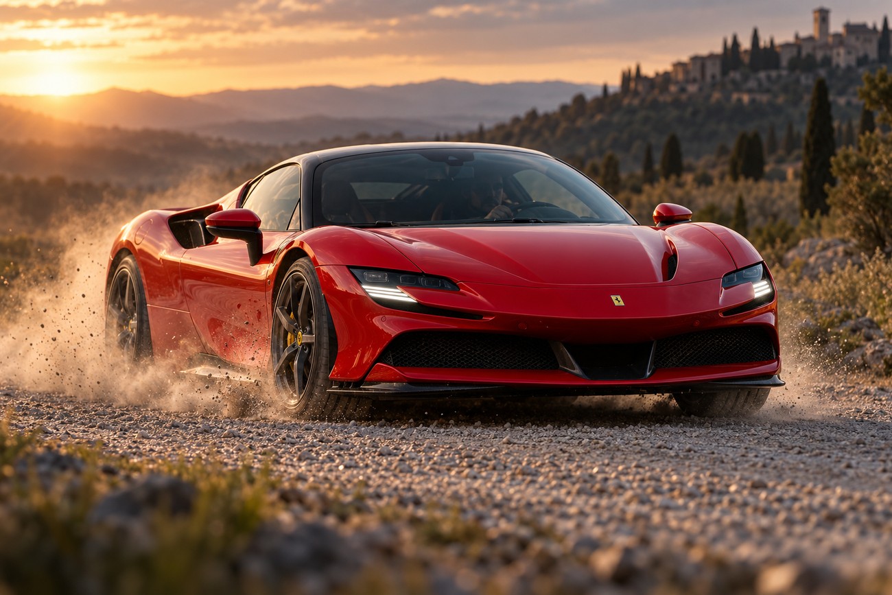 A red Ferrari SF90 Stradale kicking up dust and gravel while driving on a rural rally stage at sunset