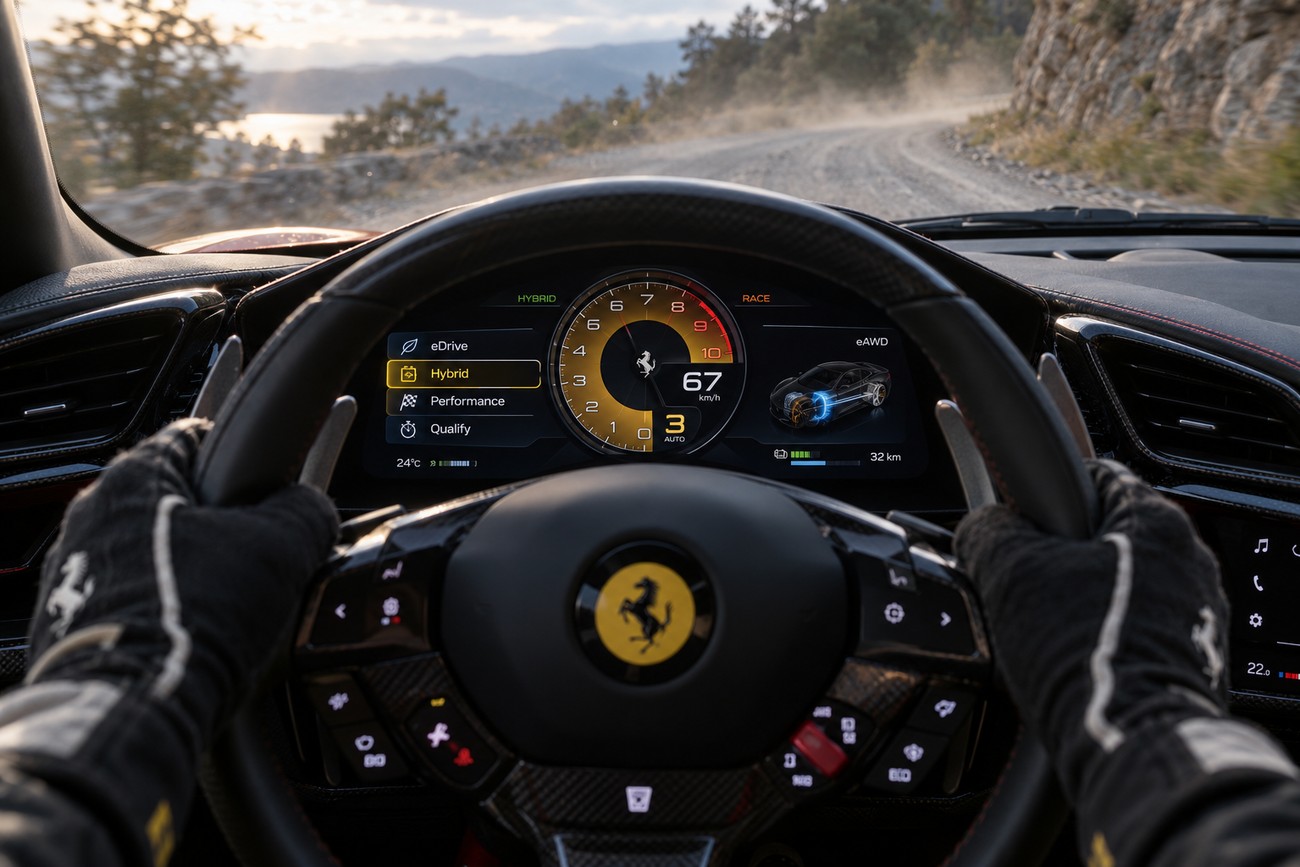 Driver holding the steering wheel of a Ferrari SF90 Stradale with digital gauges showing hybrid mode while driving on a dusty gravel road