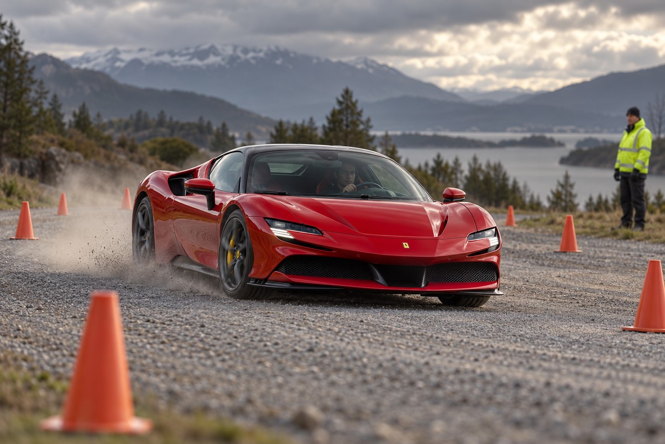 A red Ferrari SF90 Stradale kicking up dust while driving on a gravel rally stage surrounded by orange cones and mountain scenery