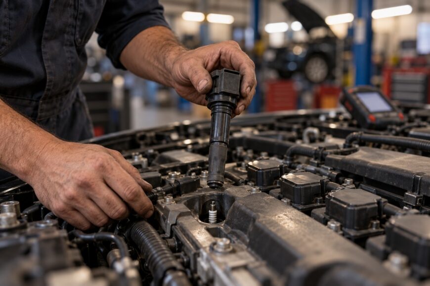 Mechanic holding an ignition coil above the engine of a car in a repair shop