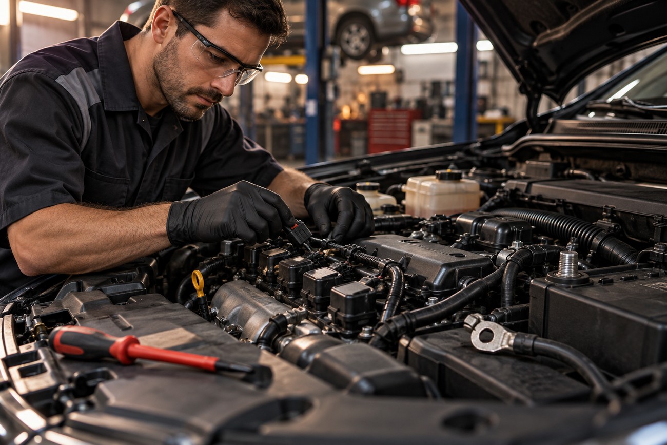 Mechanic in protective gloves inspecting and disconnecting the ignition coil connector inside a car engine bay