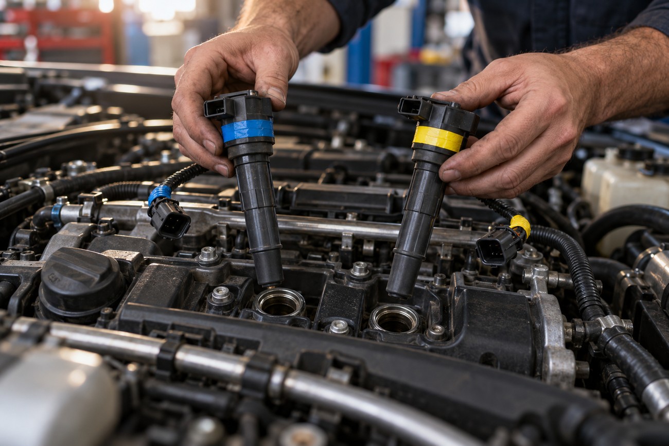 Mechanic holding two ignition coils above the open engine bay of a car during maintenance
