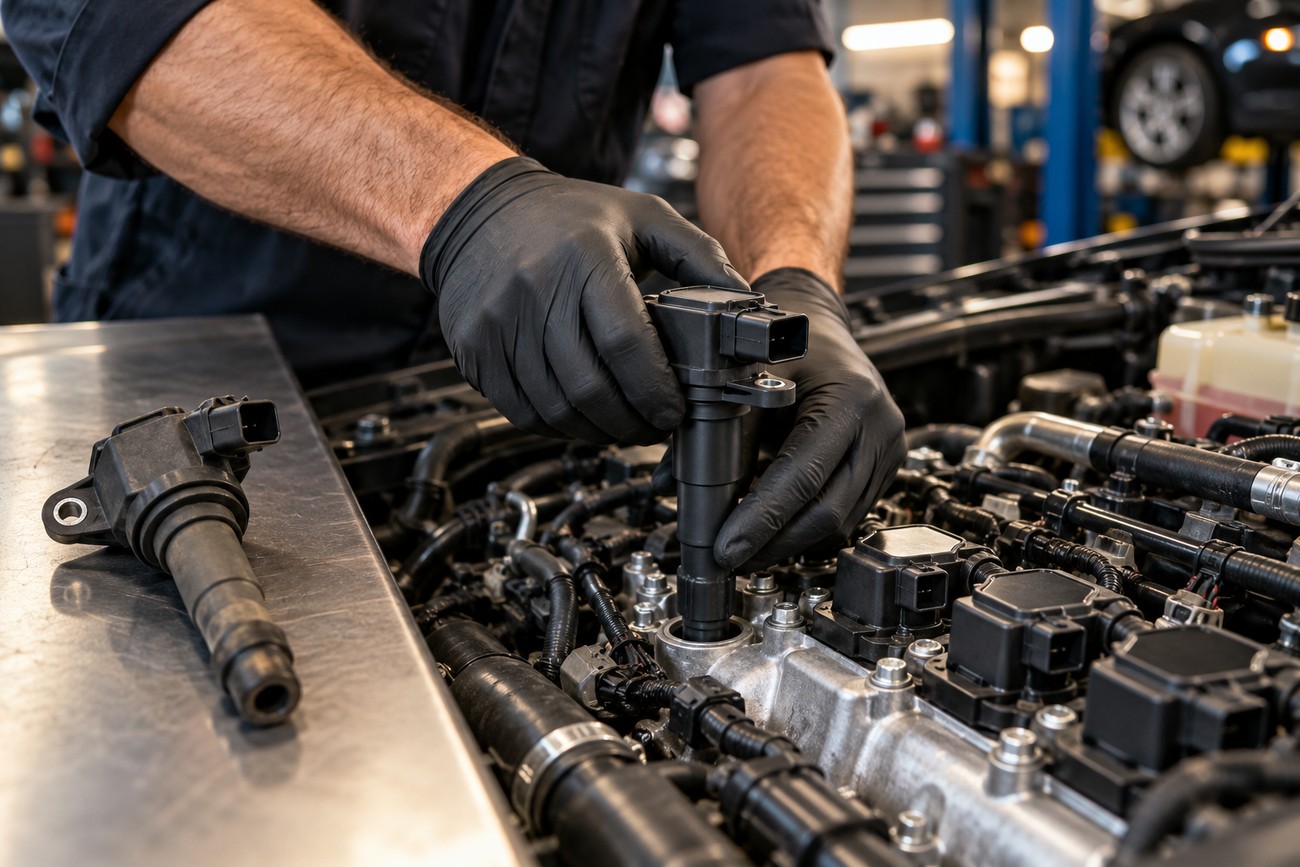 A mechanic in black gloves installs a replacement ignition coil into a car engine