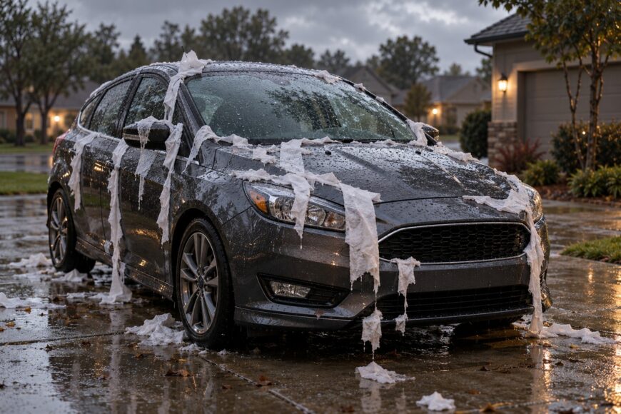 A dark gray Ford Focus parked on a wet driveway covered in soggy toilet paper during a rainstorm