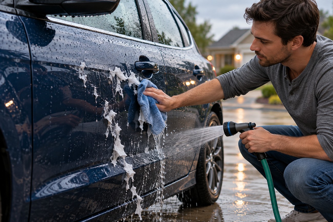 Man washing wet toilet paper off the side of a blue Ford Focus with a hose