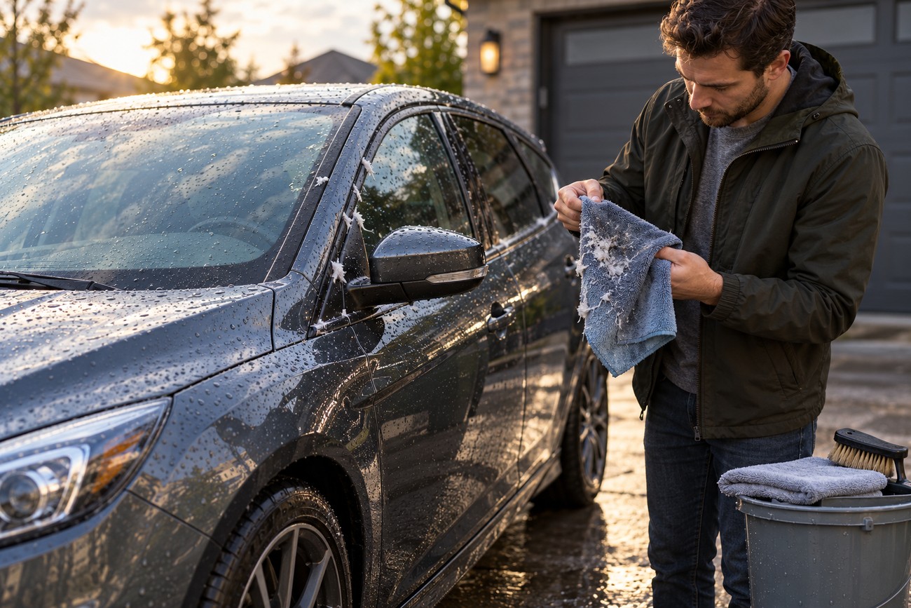 A man in a jacket wiping wet toilet paper off his gray Ford Focus outdoors in the rain