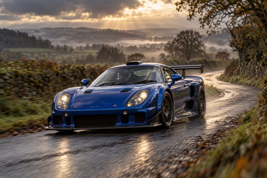 A blue Noble M12 supercar driving on a wet winding country road during a misty sunrise