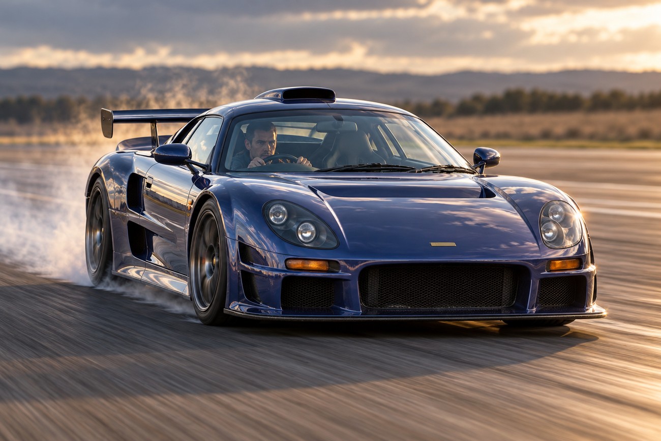A blue Noble M12 British supercar drifting and accelerating on an asphalt track during sunset