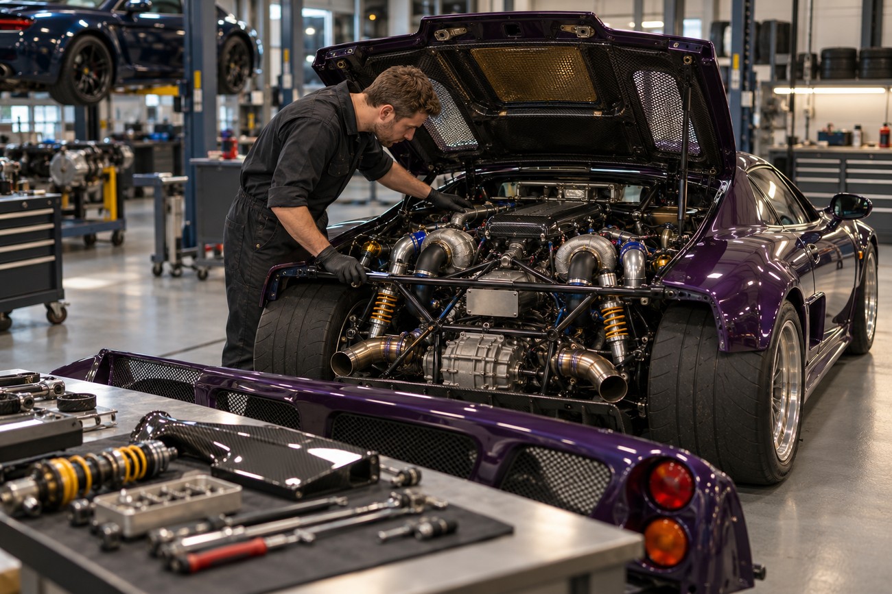 A mechanic in black overalls inspecting the twin-turbo engine of a purple Noble M12 supercar in a workshop