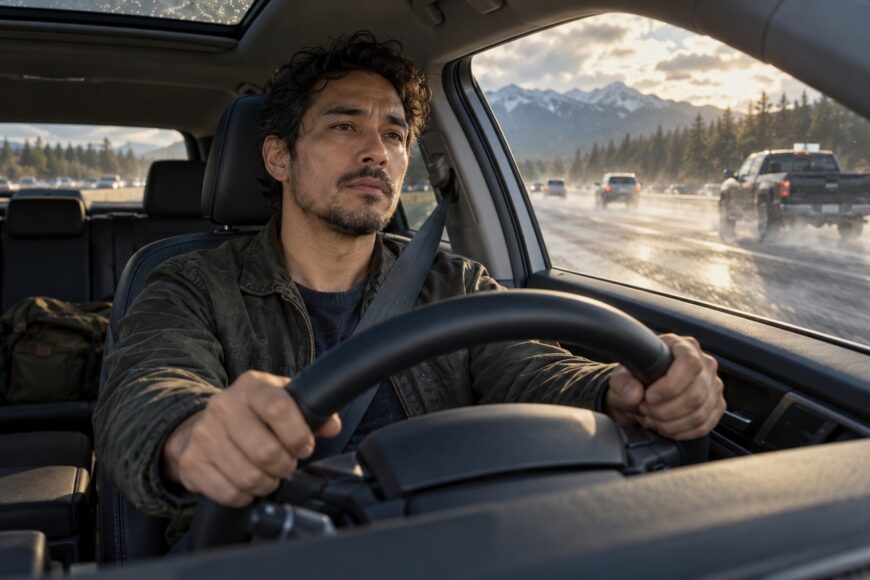 A concentrated man driving a car with a quiet cabin while traveling on a busy highway