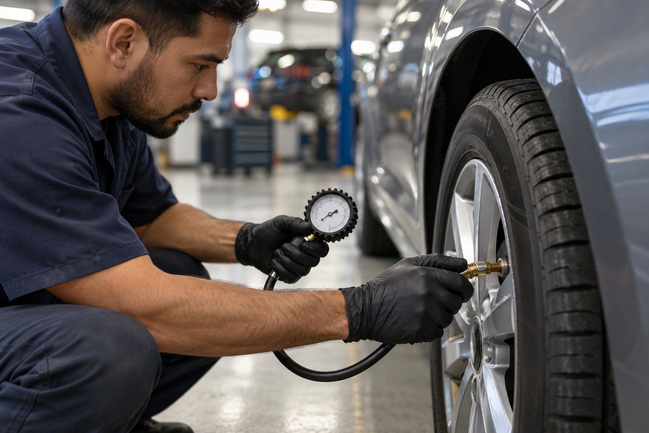 Mechanic wearing black gloves checking the tire pressure of a grey car in a service garage