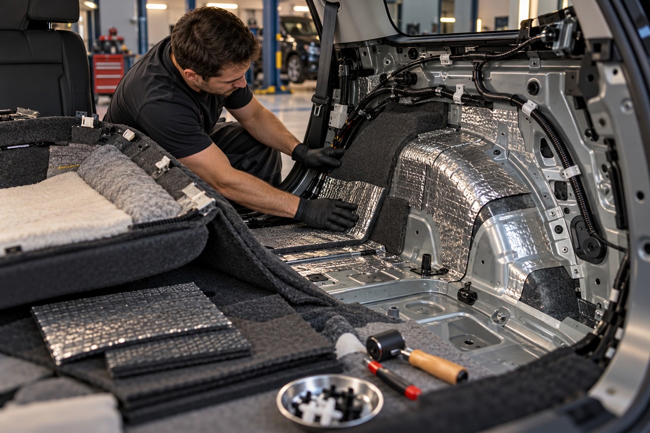 A technician in gloves installs sound deadening material inside a car trunk to reduce noise