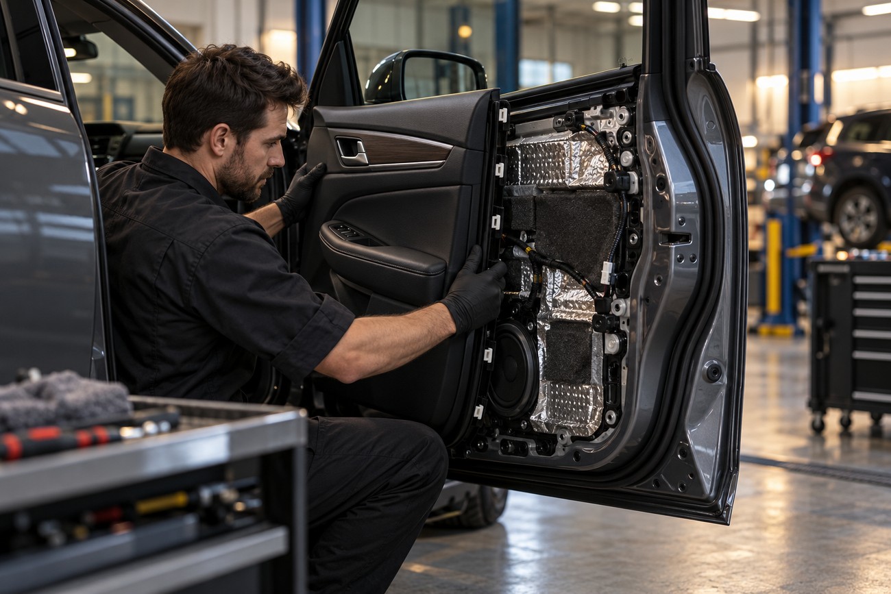 A mechanic wearing gloves installs sound-deadening material inside the open door panel of a car in a workshop